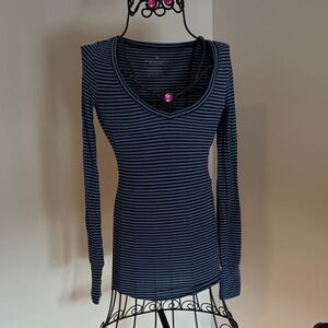 American Eagle Outfitters Navy and Black Striped Long Sleeve Top